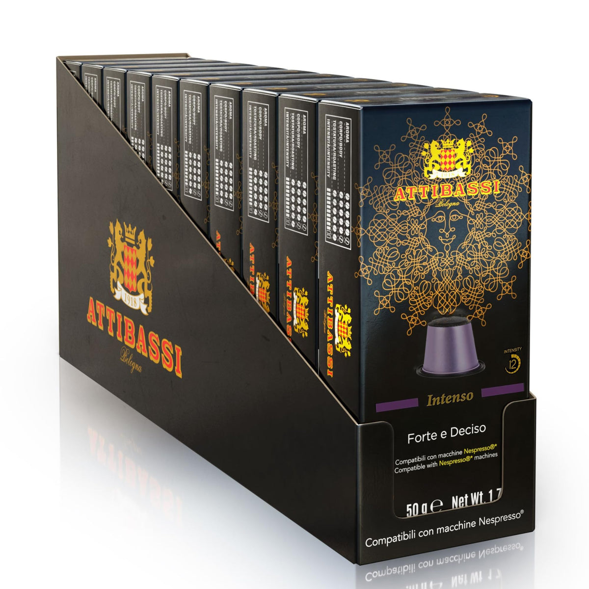 Attibassi Intenso Italian Dark Roast capsules – 100-pack packaging for daily espresso.