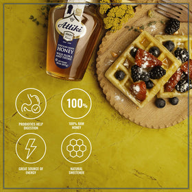 Attiki Greek honey caramel color and herbal aroma in a jar for glazing.
