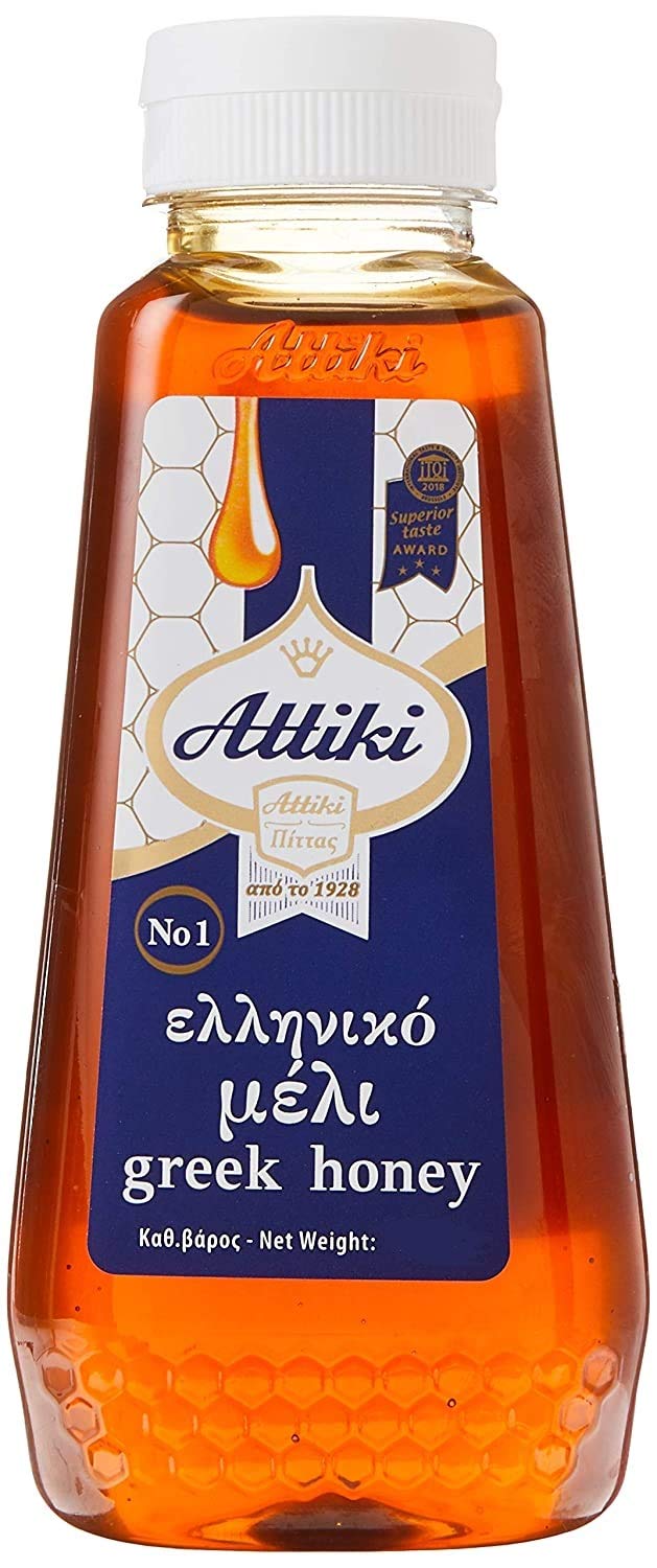 Attiki Pure Greek Honey thyme-wildflowers bottle, ideal for tea and savory dressings.