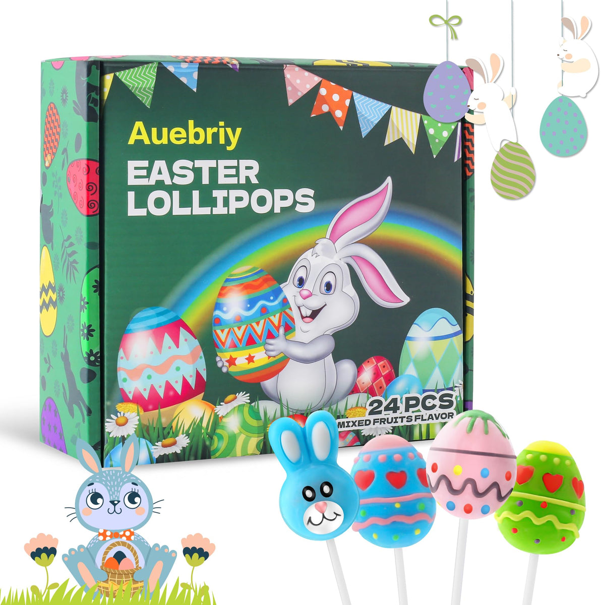 Auebriy Easter lollipops 24-count box for Easter baskets and gift-ready packaging.
