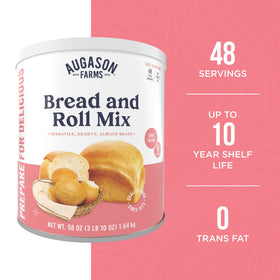 Augason Farms 48 servings bread loaves and rolls display, highlighting meal versatility.