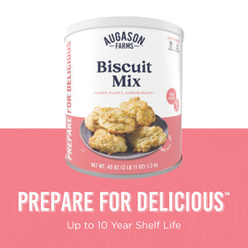 Augason Farms biscuit mix stored in a compact can for shelf-stable storage.
