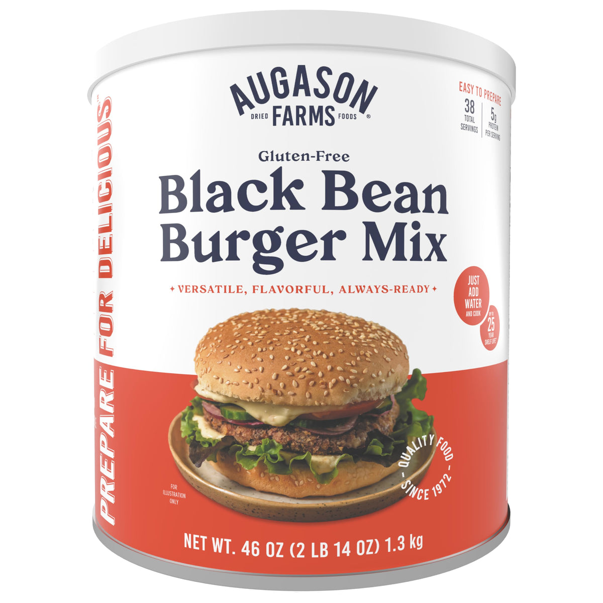 Augason Farms Black Bean Burger Mix can front, gluten-free protein option