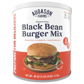Augason Farms Black Bean Burger Mix can front, gluten-free protein option