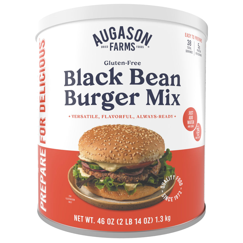 Augason Farms Black Bean Burger Mix can front, gluten-free protein option