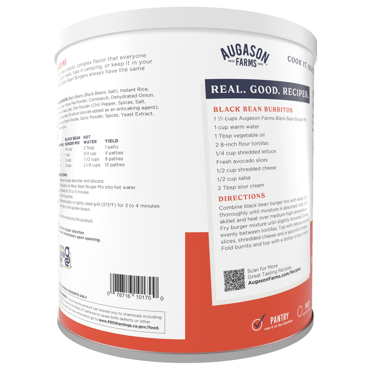 Augason Farms label on can highlights gluten-free mix for pantry storage
