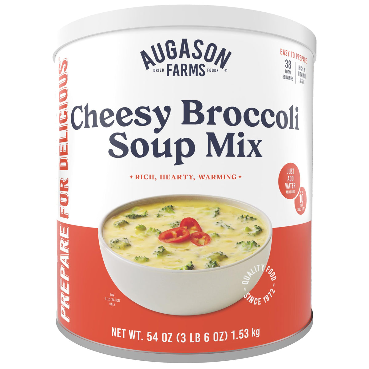 Augason Farms Cheesy Broccoli Soup Mix can label highlights rich ingredients for quick comfort