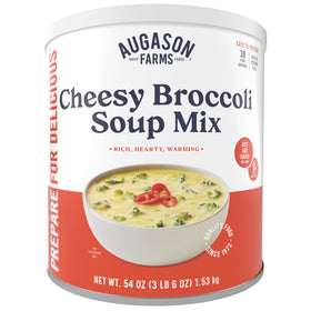 Augason Farms Cheesy Broccoli Soup Mix can label highlights rich ingredients for quick comfort