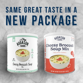 Augason Farms Cheesy Broccoli Soup Mix can side view shows sturdy packaging for storage