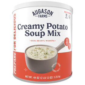 Augason Farms Creamy Potato Soup Mix can showing long shelf life for emergency pantry use