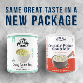 Prepared bowl of Augason Farms Creamy Potato Soup Mix highlighting creamy texture