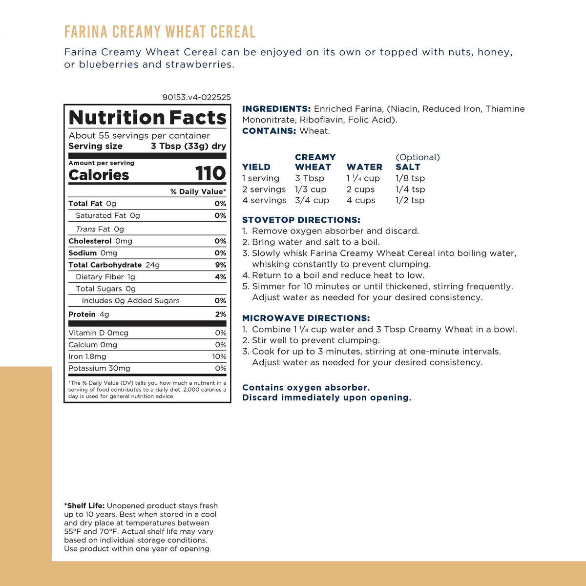 Augason Farms Creamy Wheat Cereal with add-ins for flavor variety.