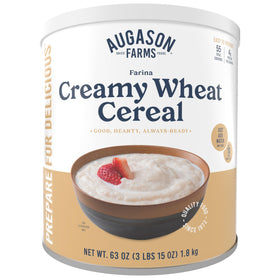 Augason Farms Creamy Wheat Cereal can packaging for long-term storage.