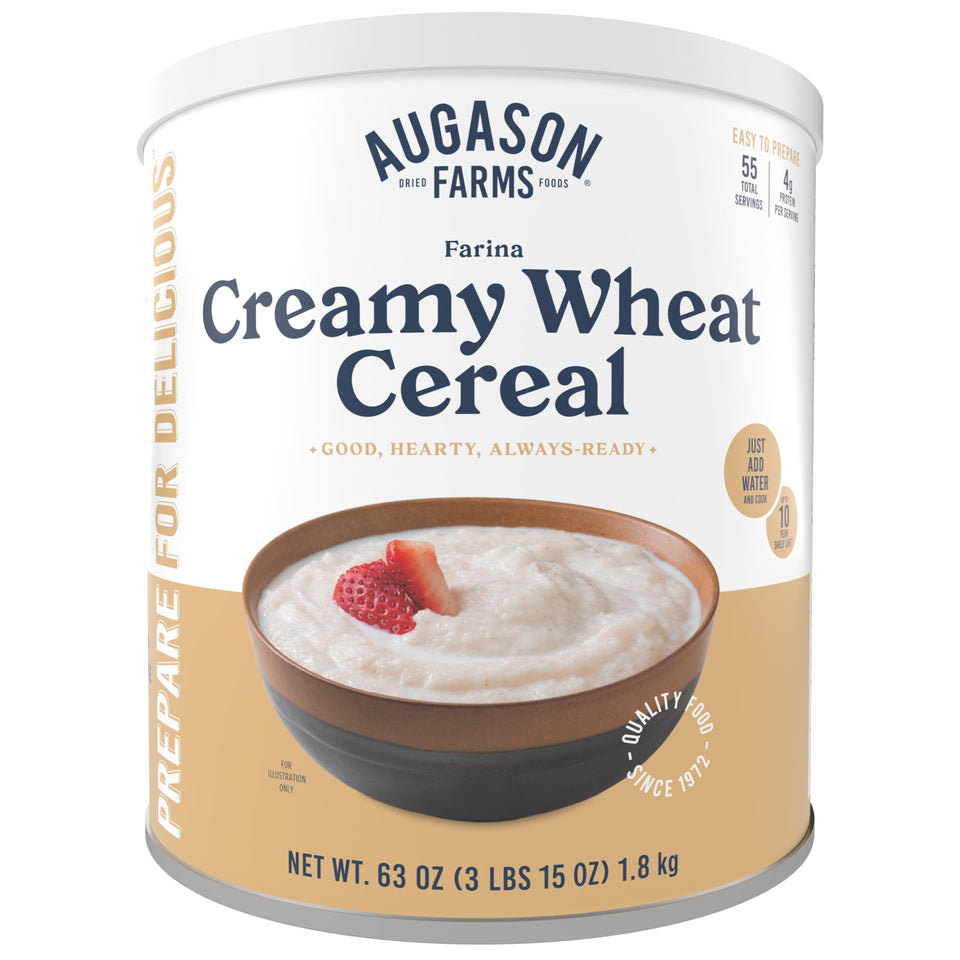 Augason Farms Creamy Wheat Cereal can packaging for long-term storage.