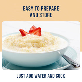 Serving bowl of Augason Farms Creamy Wheat Cereal ready to serve.