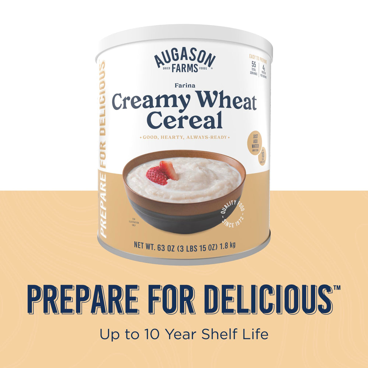 Pantry-friendly storage of Augason Farms Creamy Wheat Cereal for emergencies.