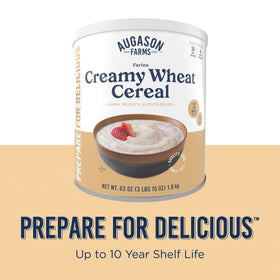 Pantry-friendly storage of Augason Farms Creamy Wheat Cereal for emergencies.