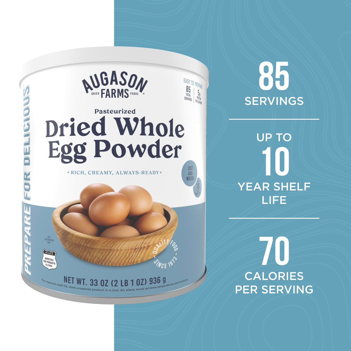 Augason Farms dried whole egg powder rehydrates quickly for versatile breakfasts and recipes.