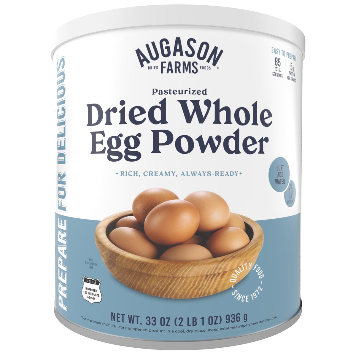 Augason Farms egg powder can, 85 servings, long-term pantry staple for emergencies.