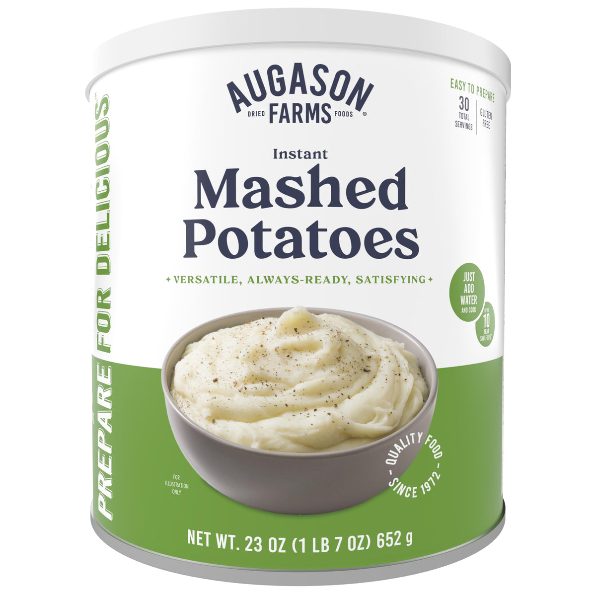 Augason Farms instant mashed potatoes can front view for pantry storage