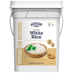 Augason Farms long-grain white rice in a durable bucket for long-term storage.