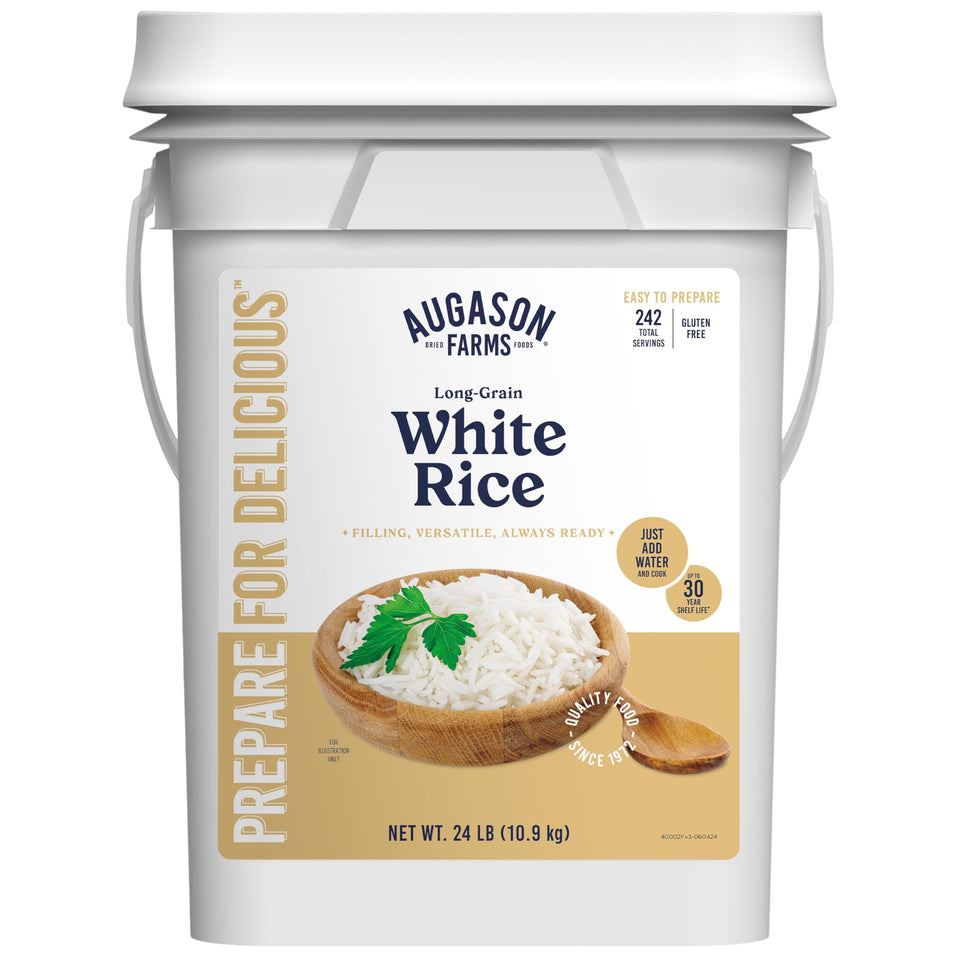 Augason Farms long-grain white rice in a durable bucket for long-term storage.