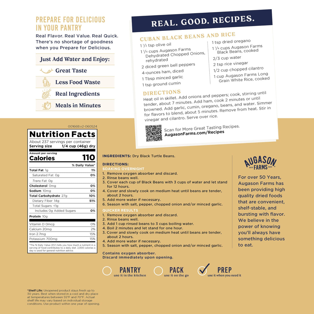 Packaging label on Augason Farms rice bucket detailing shelf life.