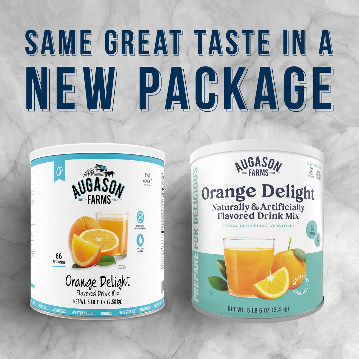 Augason Farms Orange Delight 52 servings label highlighting shelf life.