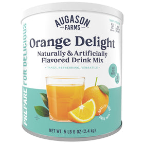 Augason Farms Orange Delight drink mix can with shelf-stable packaging.