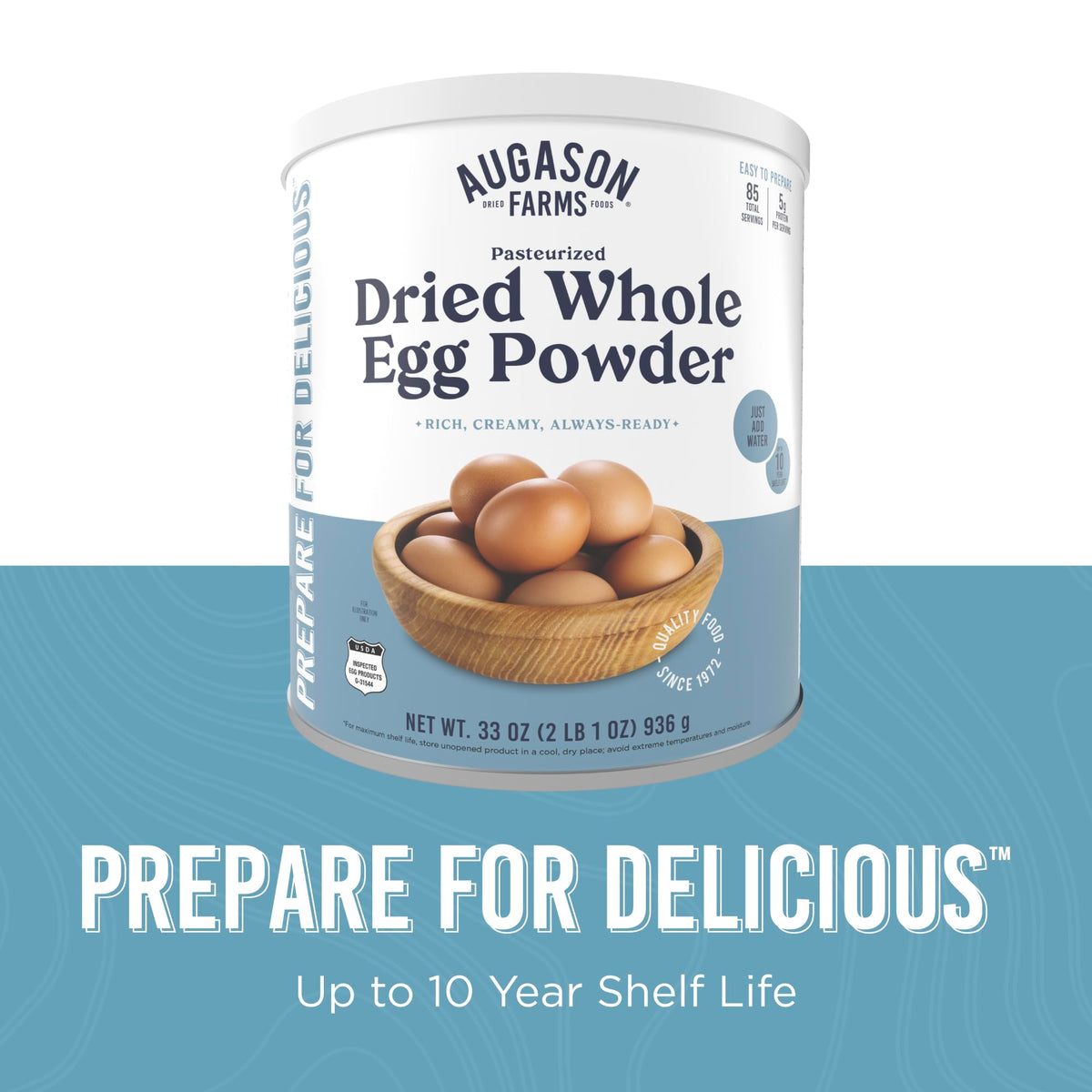 Augason Farms travel-ready egg powder container for trips, camping, and road trips.
