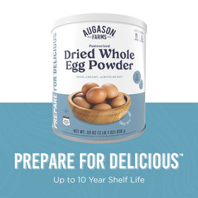 Augason Farms travel-ready egg powder container for trips, camping, and road trips.