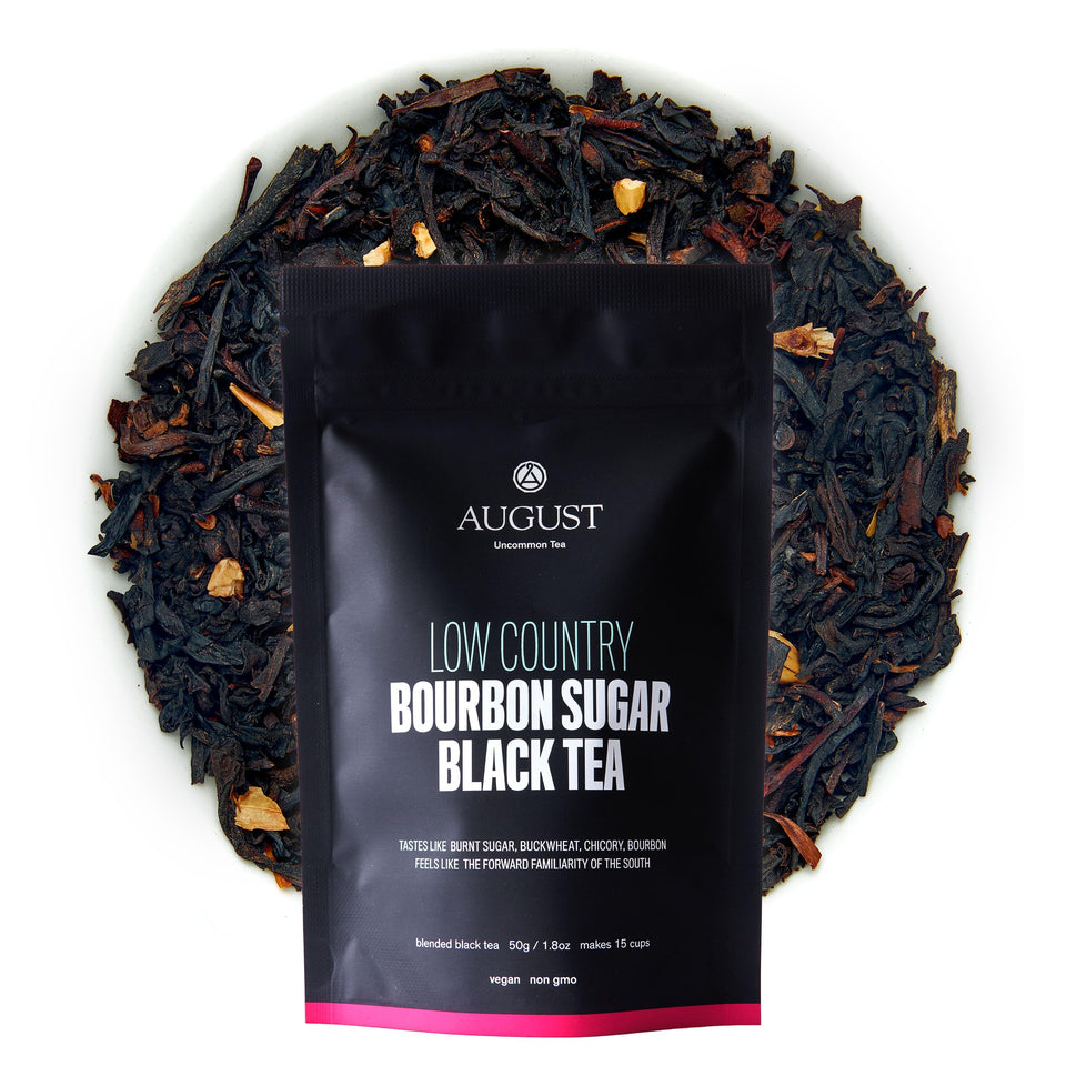 August Uncommon Low Country Bourbon Sugar Tea loose leaf ready for a smoky morning brew