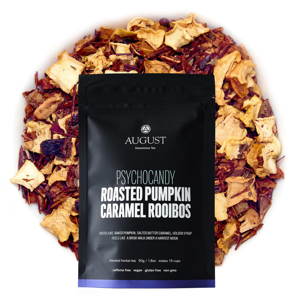 August Uncommon Psychocandy Rooibos Tea pack in a resealable pouch preserves aroma for daily use