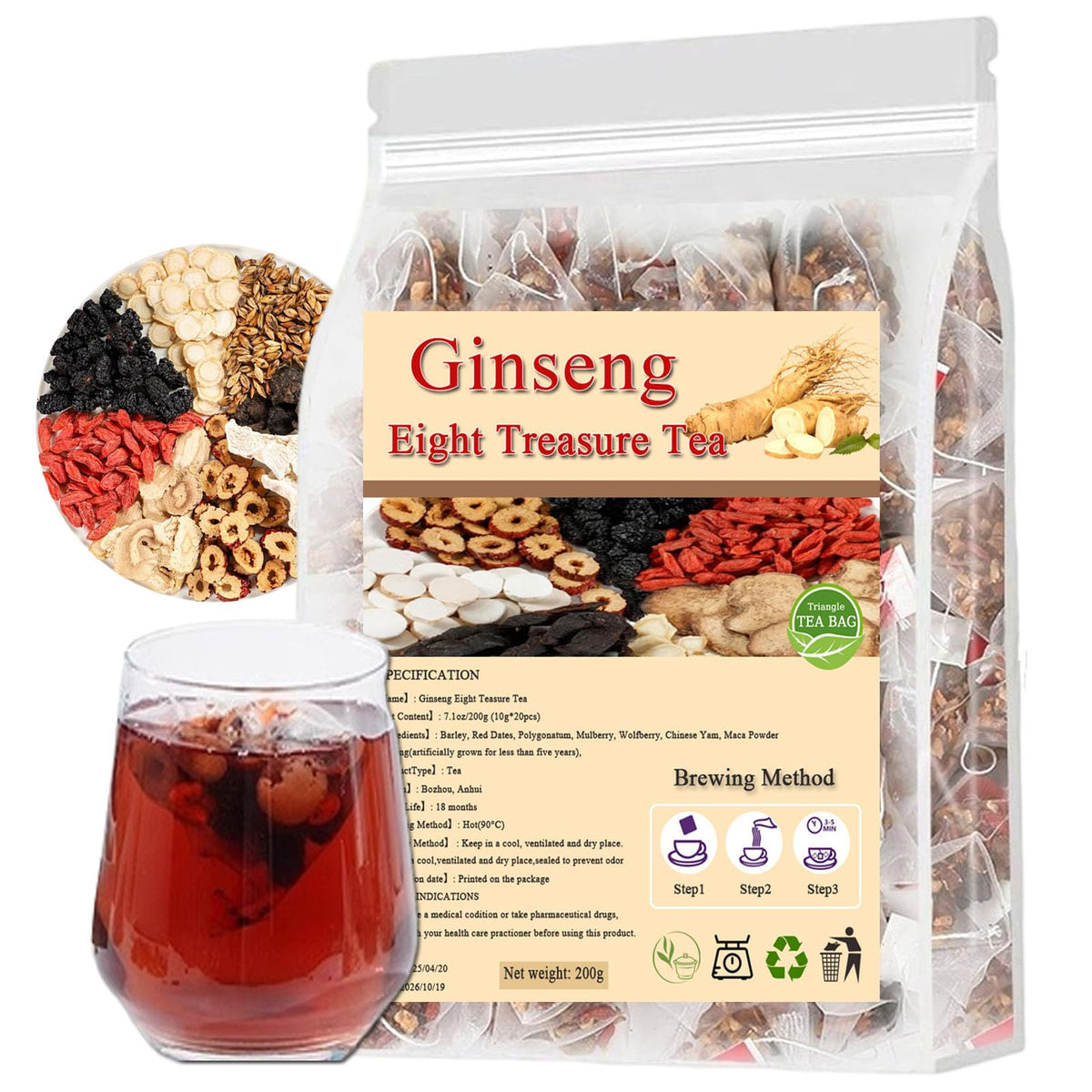 Aultink Ginseng Eight Treasure Tea packaging close-up, highlighting a premium herbal blend