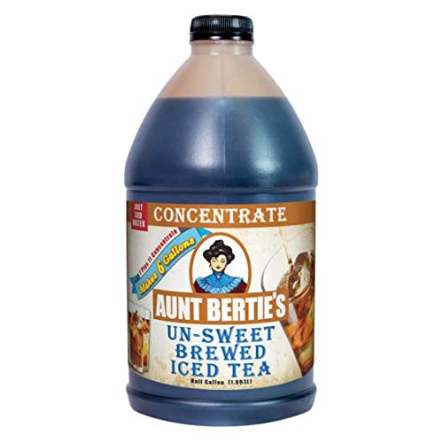 Aunt Bertie's Un-Sweet Iced Tea concentrate bottle pouring over ice for quick, refreshing tea.