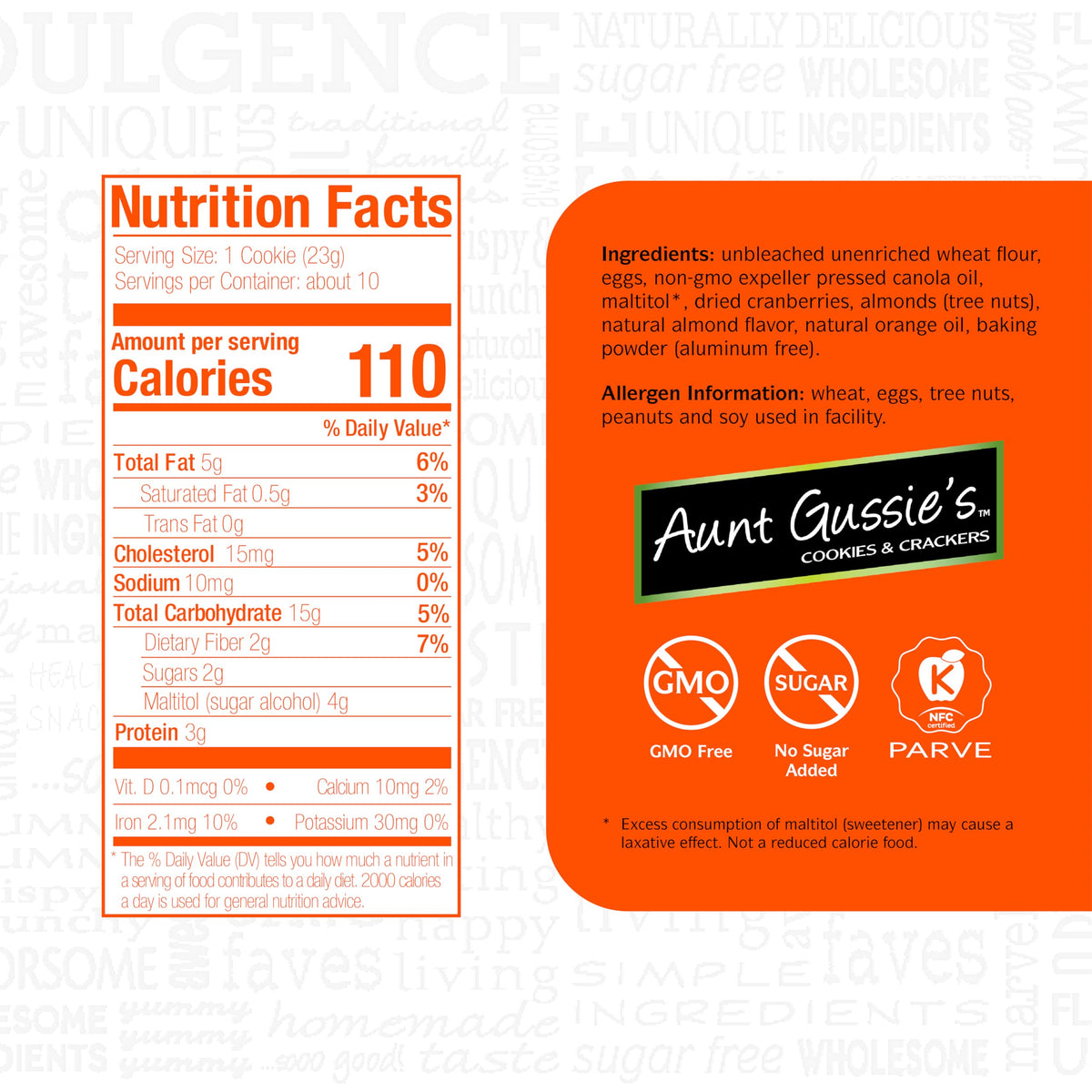 Aunt Gussie's cranberry orange with nuts biscuits, no sugar added, ideal for light snacking.