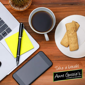 A warm cup pairs with Aunt Gussie's tea-time biscuits for a cozy break.