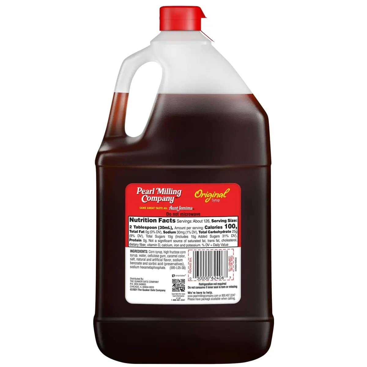 Aunt Jemima Original Pancake Syrup on stack of pancakes, rich sweetness