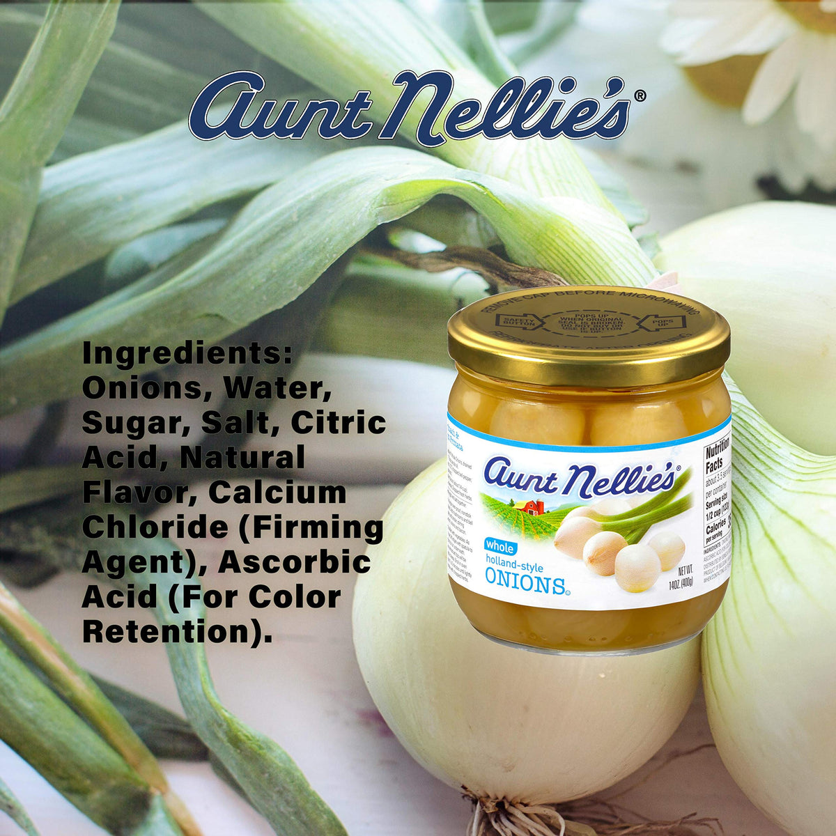 Aunt Nellie's jar label denotes kosher quality with ready-to-use onions.