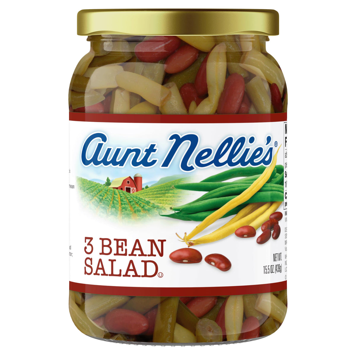 Aunt Nellie's 3 Bean Salad green, wax, and kidney beans medley in glass jar for pantry use.