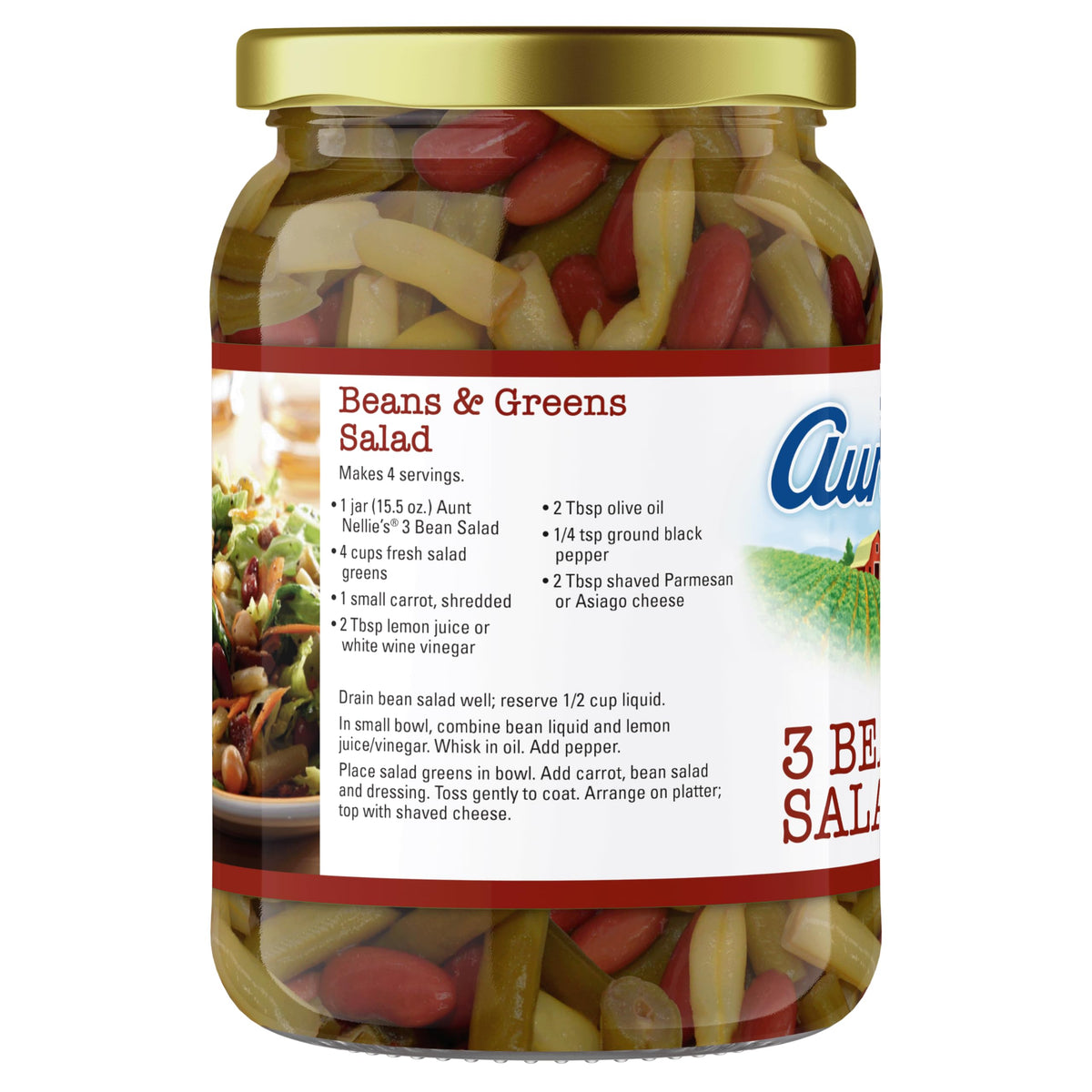 Aunt Nellie's 3 Bean Salad ready-to-eat medley, ideal for quick lunches or sides.