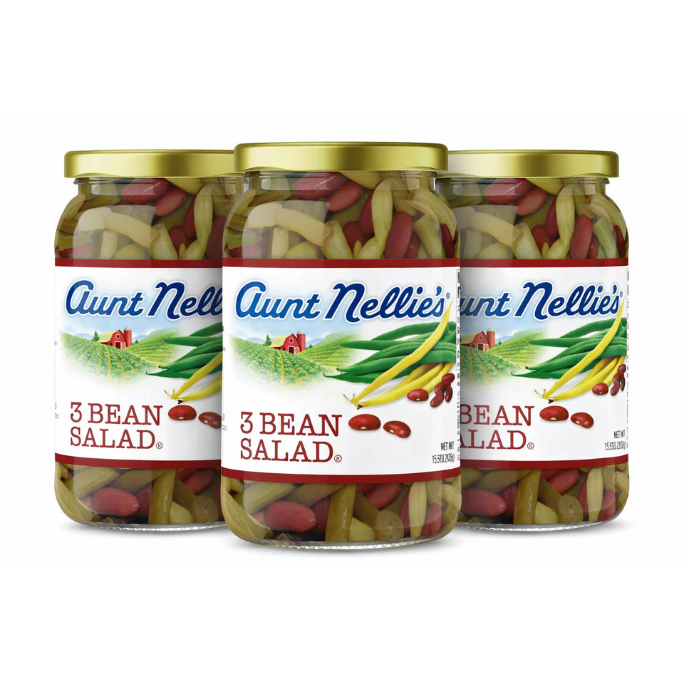 Aunt Nellie's 3 Bean Salad three-bean mix ready as a quick side.