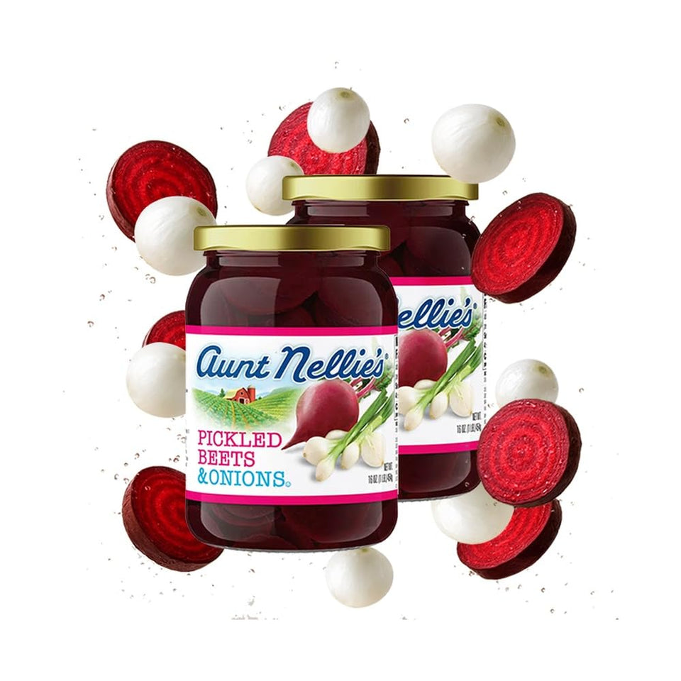 Aunt Nellies Pickled Beets & Onion bottle 16 oz shows vibrant ruby color for salads.