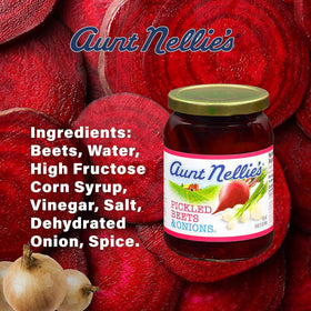 Aunt Nellies Pickled Beets & Onion jar closeup highlights tangy-sweet flavor and bold color.