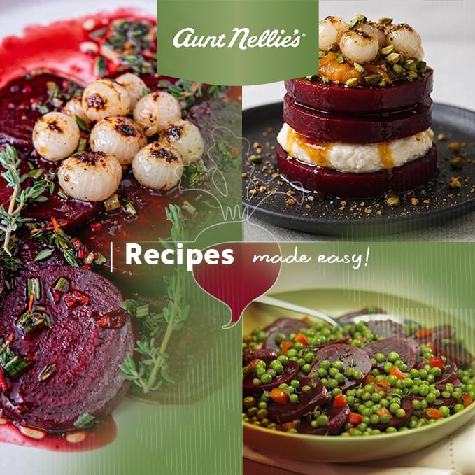 Kitchen scene shows Aunt Nellies Beets & Onion as a versatile pantry staple.