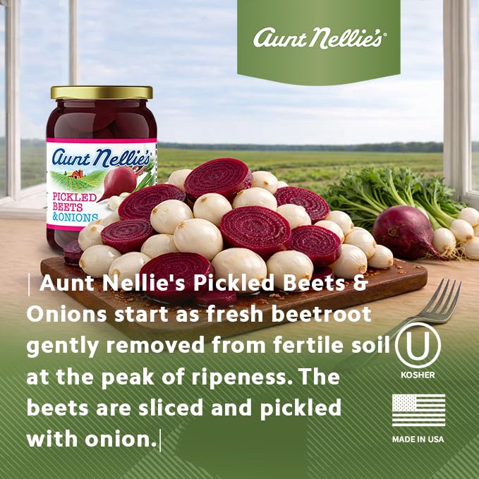 Aunt Nellies Pickled Beets & Onion on salad provides a bright, flavorful topping.