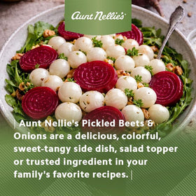 A plated side dish of Aunt Nellies Beets & Onion adds tangy contrast.