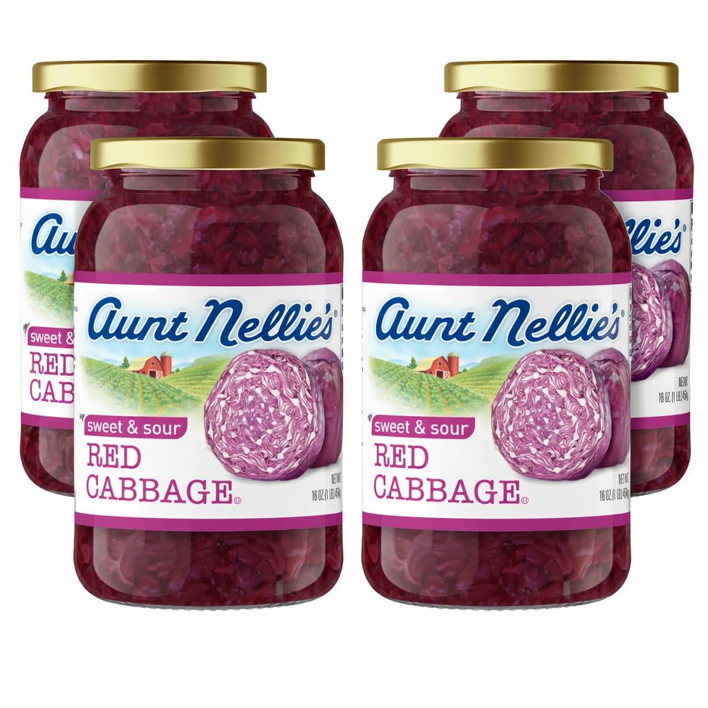 Aunt Nellie's Sweet & Sour Red Cabbage jar closeup shows ready-to-serve flavor