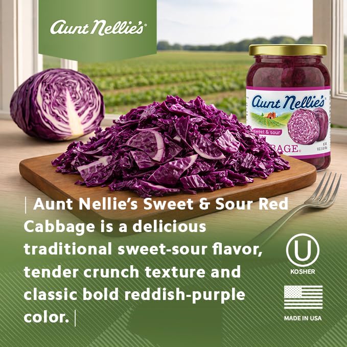 Aunt Nellie's Sweet & Sour Red Cabbage label detail highlights authentic homemade-style flavor cues