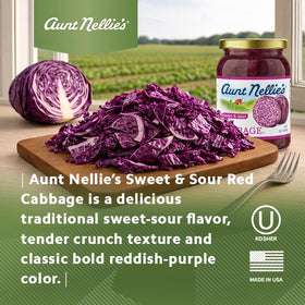 Aunt Nellie's Sweet & Sour Red Cabbage label detail highlights authentic homemade-style flavor cues